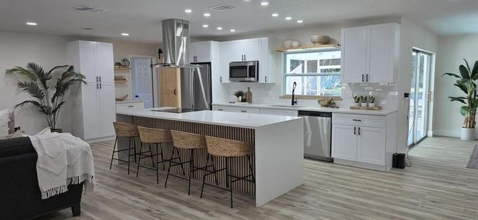 Interior, Kitchen, Recessed Lighting, Stainless Steel Appliances, Wood Texture Flooring