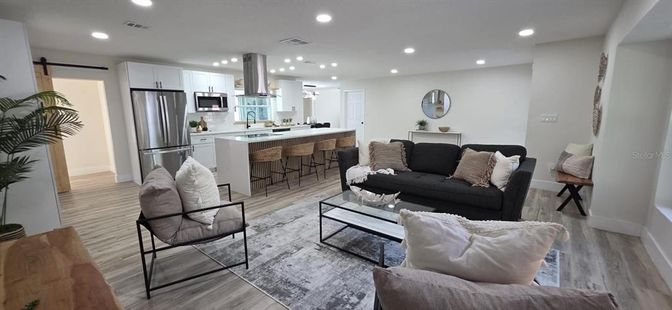 Interior, Kitchen, Living room, Recessed Lighting, Stainless Steel Appliances, Wood Texture Flooring