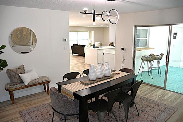 Dining room, Interior, Pendant Lights, Recessed Lighting, Wood Texture Flooring