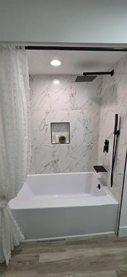 Bathroom, Interior, Marble Walls, Recessed Lighting, Wood Texture Flooring