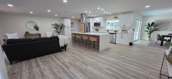 Interior, Kitchen, Living room, Recessed Lighting, Stainless Steel Appliances, Wood Texture Flooring