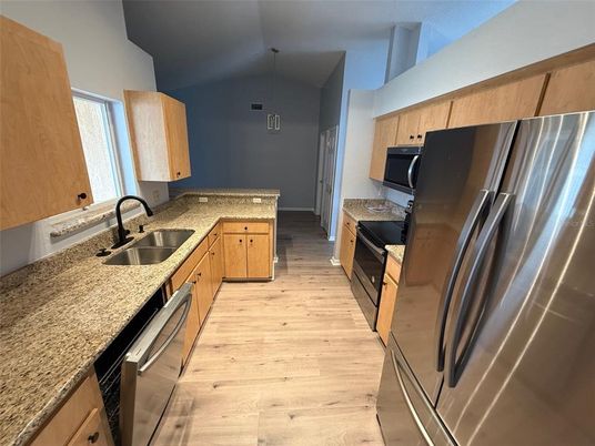 Interior, Kitchen, Pendant Lights, Stainless Steel Appliances, Wood Texture Flooring