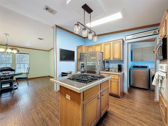 Dining room, Interior, Kitchen, Pendant Lights, Wood Texture Flooring