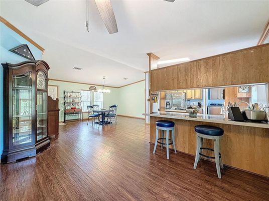 Dining room, Interior, Kitchen, Pendant Lights, Wood Texture Flooring
