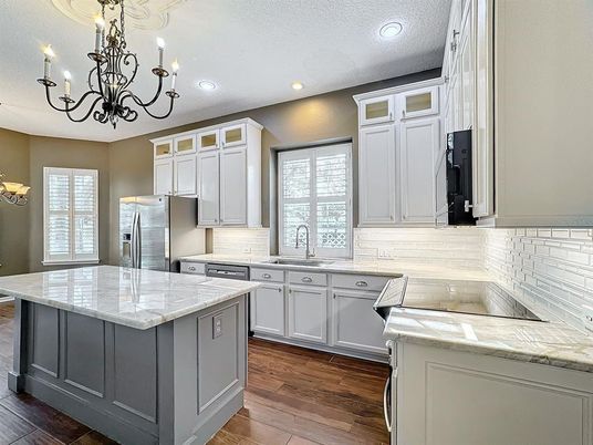 Chandelier, Interior, Kitchen, Recessed Lighting, Stainless Steel Appliances, Wood Texture Flooring