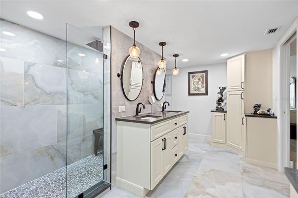 Bathroom, Glass Shower, Interior, Marble, Pendant Lights, Recessed Lighting