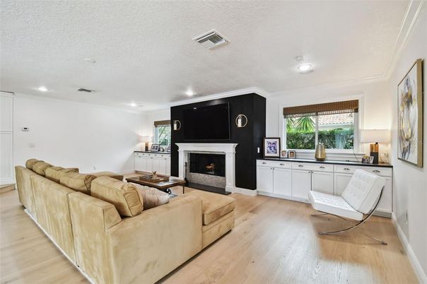 Fireplace, Interior, Living room, Recessed Lighting, Wood Texture Flooring