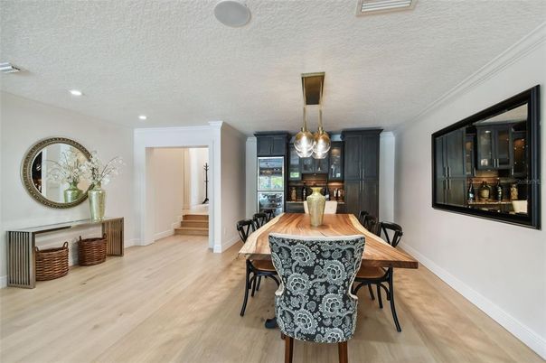 Dining room, Interior, Pendant Lights, Recessed Lighting, Wood Texture Flooring