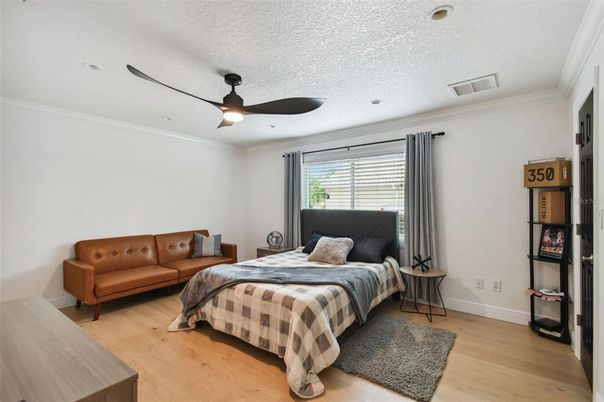 Bedroom, Interior, Recessed Lighting, Wood Texture Flooring