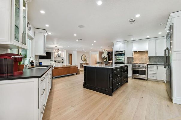Interior, Kitchen, Living room, Pendant Lights, Recessed Lighting, Stainless Steel Appliances, Wood Texture Flooring