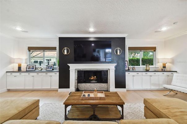 Fireplace, Interior, Living room, Recessed Lighting, Wood Texture Flooring