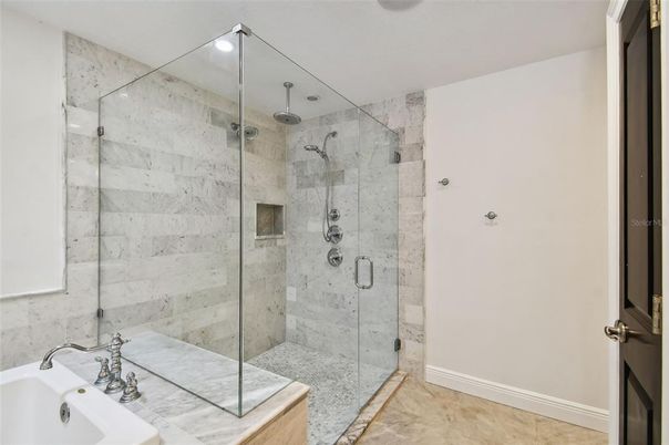 Bathroom, Glass Shower, Interior, Marble Walls, Recessed Lighting