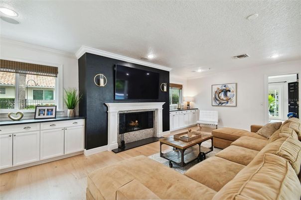 Fireplace, Interior, Living room, Recessed Lighting, Wood Texture Flooring