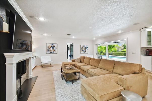 Fireplace, Interior, Living room, Recessed Lighting, Wood Texture Flooring