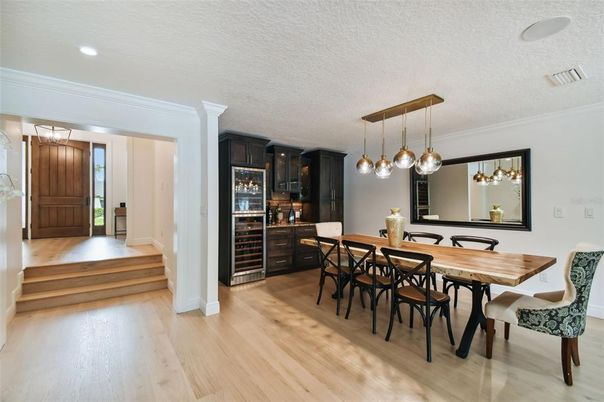 Dining room, Interior, Pendant Lights, Recessed Lighting, Wood Texture Flooring
