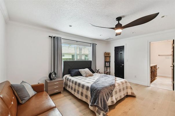 Bedroom, Interior, Recessed Lighting, Wood Texture Flooring