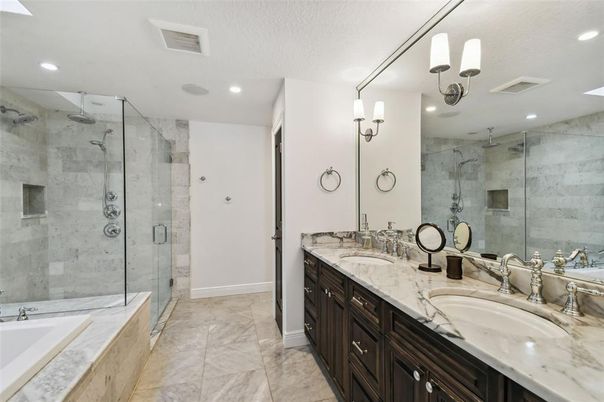 Bathroom, Dual Sink Vanities, Glass Shower, Interior, Recessed Lighting