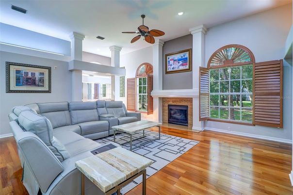 Fireplace, Interior, Living room, Recessed Lighting, Wood Texture Flooring