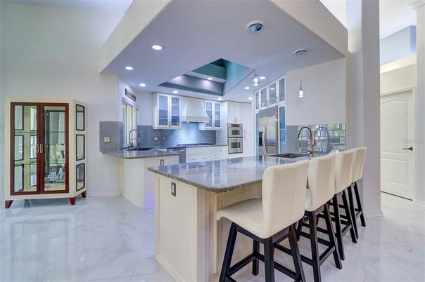 Interior, Kitchen, Marble, Pendant Lights, Recessed Lighting, Stainless Steel Appliances