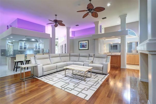 Interior, Kitchen, Living room, Recessed Lighting, Stainless Steel Appliances, Wood Texture Flooring