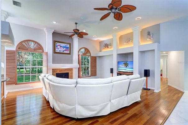 Fireplace, Interior, Living room, Recessed Lighting, Wood Texture Flooring