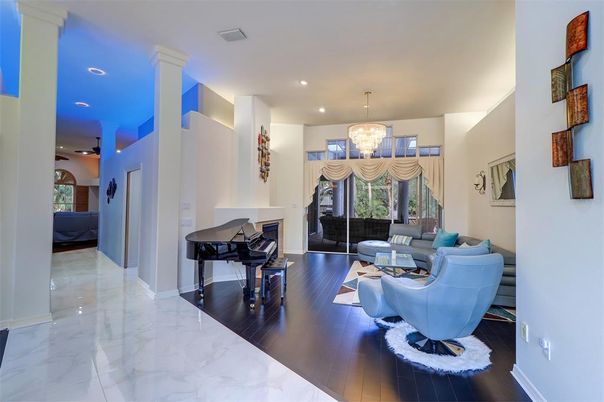 Chandelier, Interior, Living room, Marble, Piano, Recessed Lighting, Wood Texture Flooring