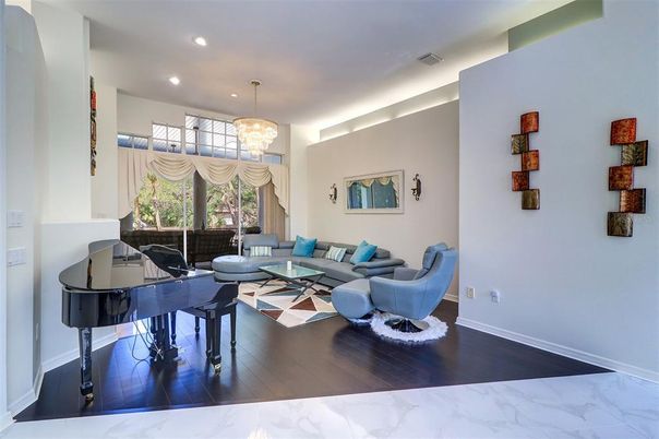 Chandelier, Interior, Living room, Marble, Pendant Lights, Piano, Recessed Lighting, Wood Texture Flooring