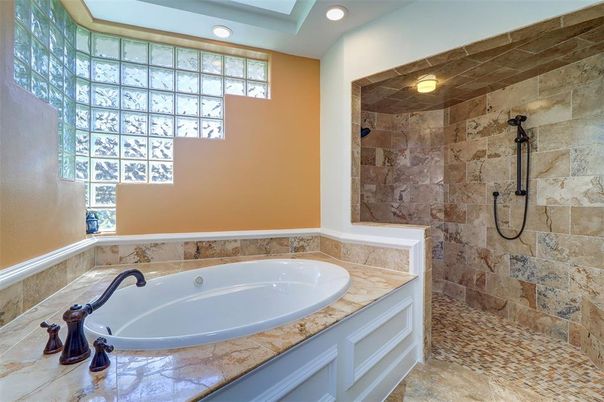 Bathroom, Interior, Recessed Lighting, Stone Walls