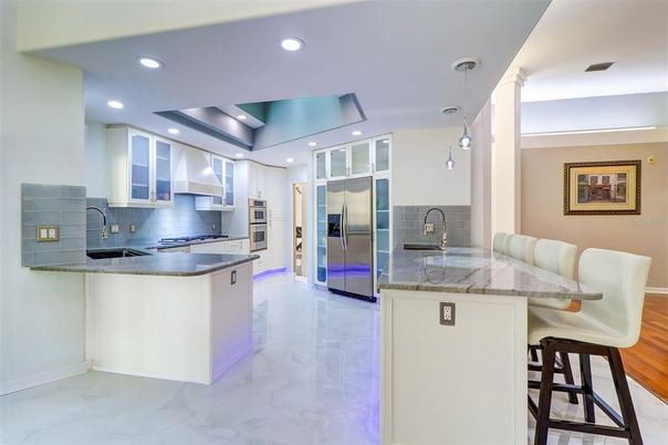 Interior, Kitchen, Marble, Pendant Lights, Recessed Lighting, Stainless Steel Appliances