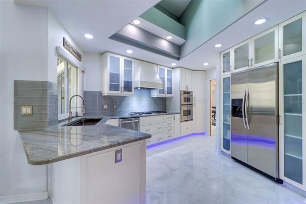 Interior, Kitchen, Marble, Recessed Lighting, Stainless Steel Appliances