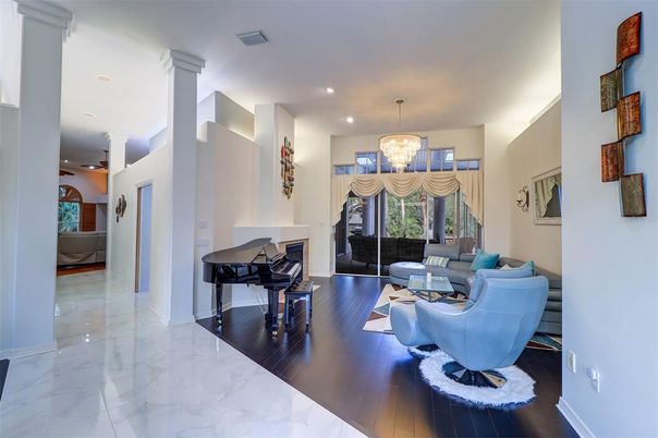 Chandelier, Interior, Living room, Marble, Piano, Recessed Lighting, Wood Texture Flooring