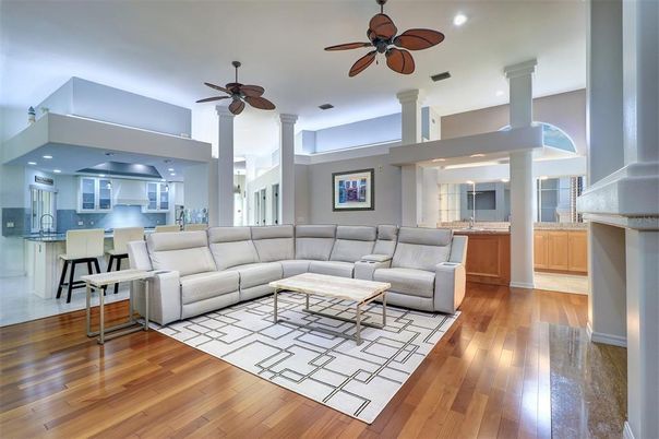 Interior, Kitchen, Living room, Recessed Lighting, Stainless Steel Appliances, Wood Texture Flooring