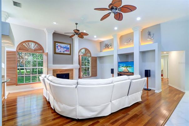 Fireplace, Interior, Living room, Recessed Lighting, Wood Texture Flooring