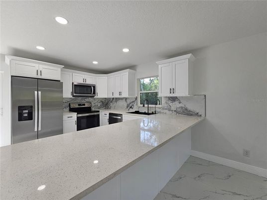 Interior, Kitchen, Marble, Recessed Lighting, Stainless Steel Appliances