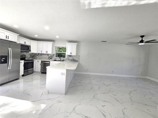 Interior, Kitchen, Marble, Recessed Lighting, Stainless Steel Appliances