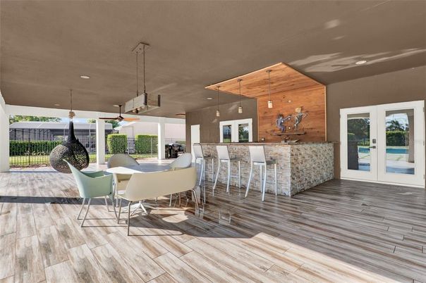 Dining room, Interior, Pendant Lights, Recessed Lighting, Wood Texture Flooring, Wooden Walls