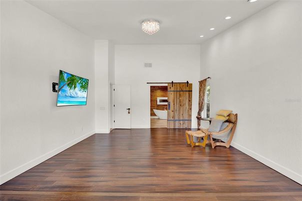 Chandelier, Empty room, Interior, Recessed Lighting, Wood Texture Flooring