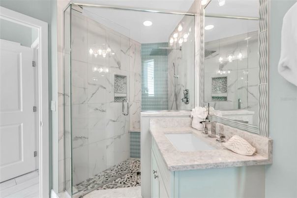 Bathroom, Glass Shower, Interior, Marble Walls, Recessed Lighting
