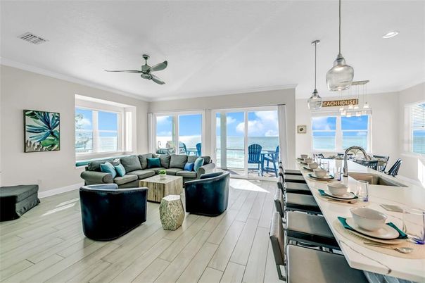 Dining room, Interior, Living room, Pendant Lights, Recessed Lighting, Water, Wood Texture Flooring