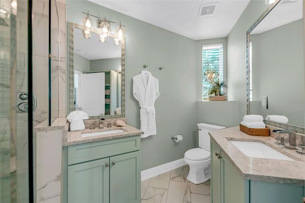 Bathroom, Dual Sink Vanities, Glass Shower, Interior, Marble