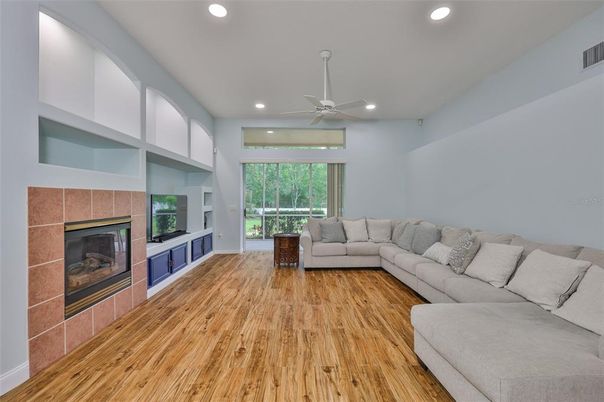 Fireplace, Interior, Living room, Recessed Lighting, Wood Texture Flooring