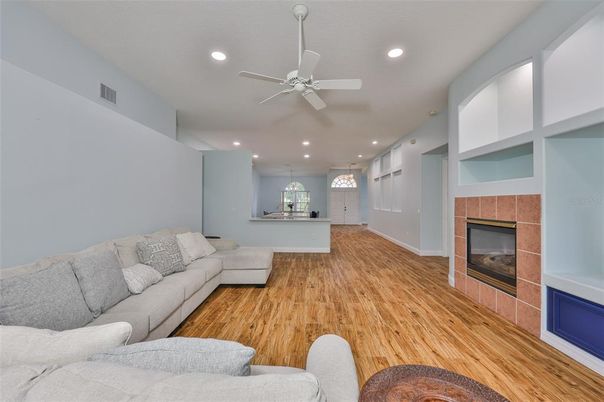 Fireplace, Interior, Living room, Pendant Lights, Recessed Lighting, Wood Texture Flooring