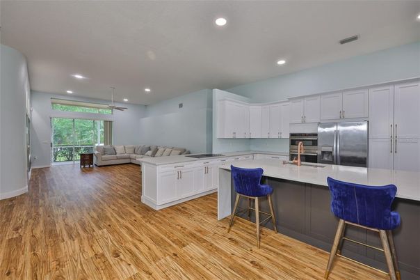 Interior, Kitchen, Living room, Recessed Lighting, Stainless Steel Appliances, Wood Texture Flooring