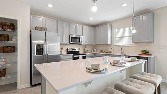 Interior, Kitchen, Pendant Lights, Recessed Lighting, Stainless Steel Appliances, Wood Texture Flooring