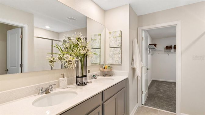 Bathroom, Dual Sink Vanities, Interior, Recessed Lighting, Walk-in Closets