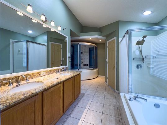 Bathroom, Dual Sink Vanities, Glass Shower, Interior, Recessed Lighting
