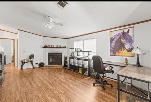 Fireplace, Home Office, Interior, Wood Texture Flooring
