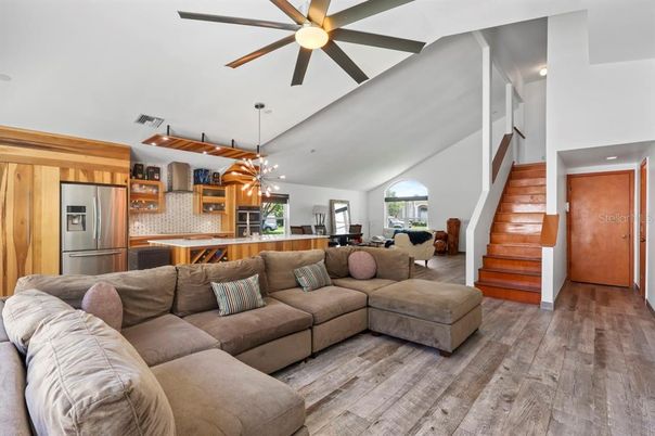 Interior, Kitchen, Living room, Pendant Lights, Recessed Lighting, Stainless Steel Appliances, Wood Texture Flooring