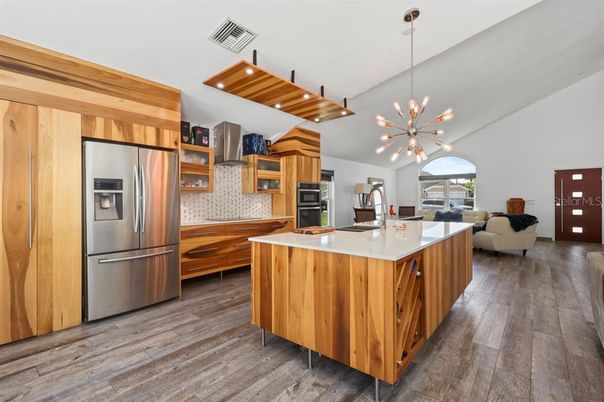 Interior, Kitchen, Living room, Pendant Lights, Recessed Lighting, Stainless Steel Appliances, Wood Texture Flooring