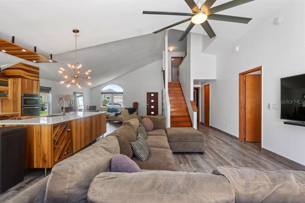 Interior, Kitchen, Living room, Pendant Lights, Stainless Steel Appliances, Wood Texture Flooring